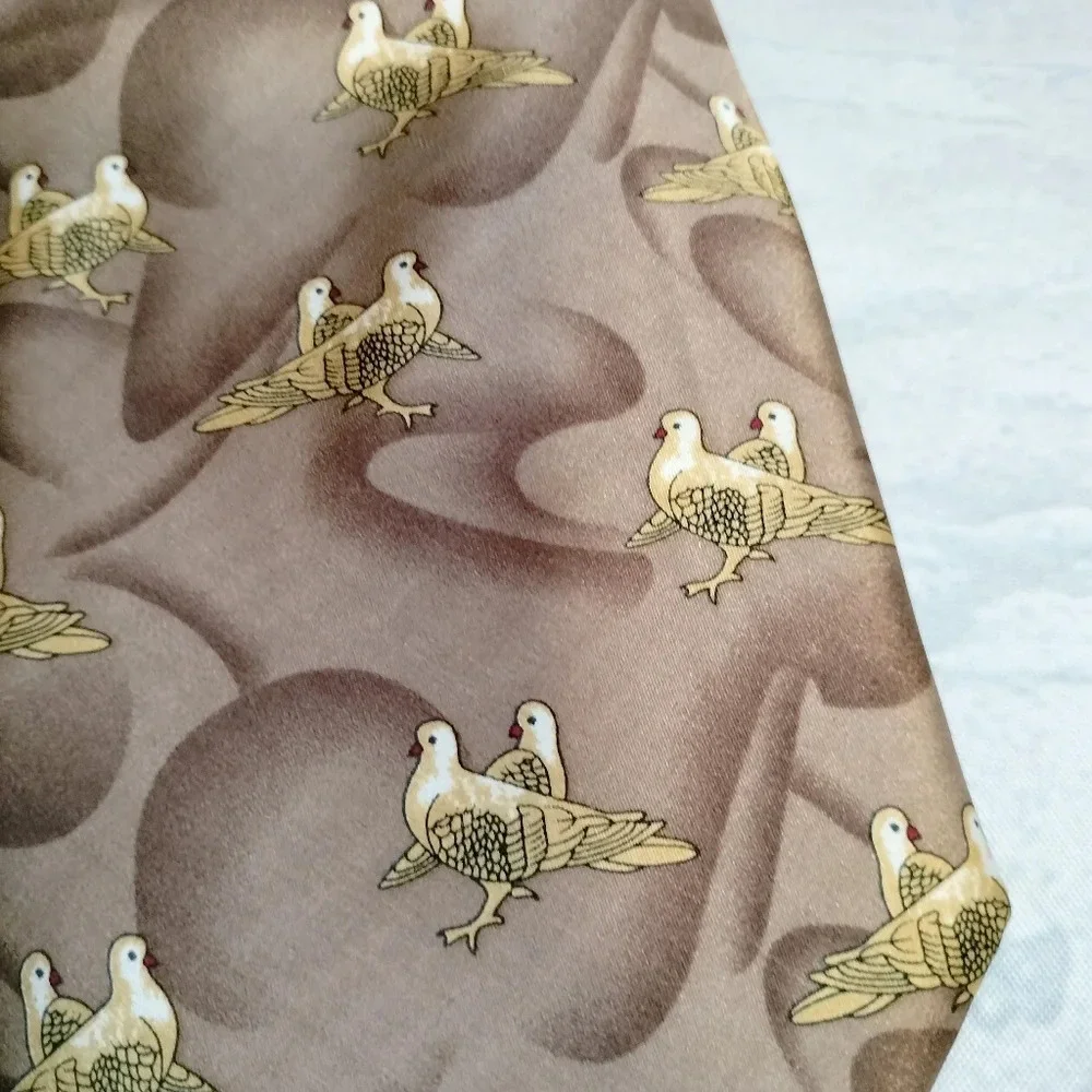 Kai Long Silk Tie Necktie Tan Brown Abstract Birds Handmade 56x4. B